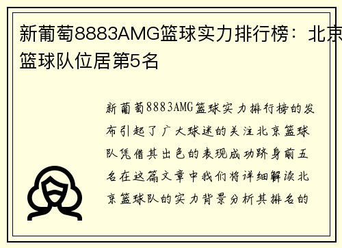 新葡萄8883AMG篮球实力排行榜：北京篮球队位居第5名
