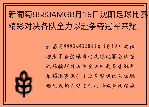 新葡萄8883AMG8月19日沈阳足球比赛精彩对决各队全力以赴争夺冠军荣耀